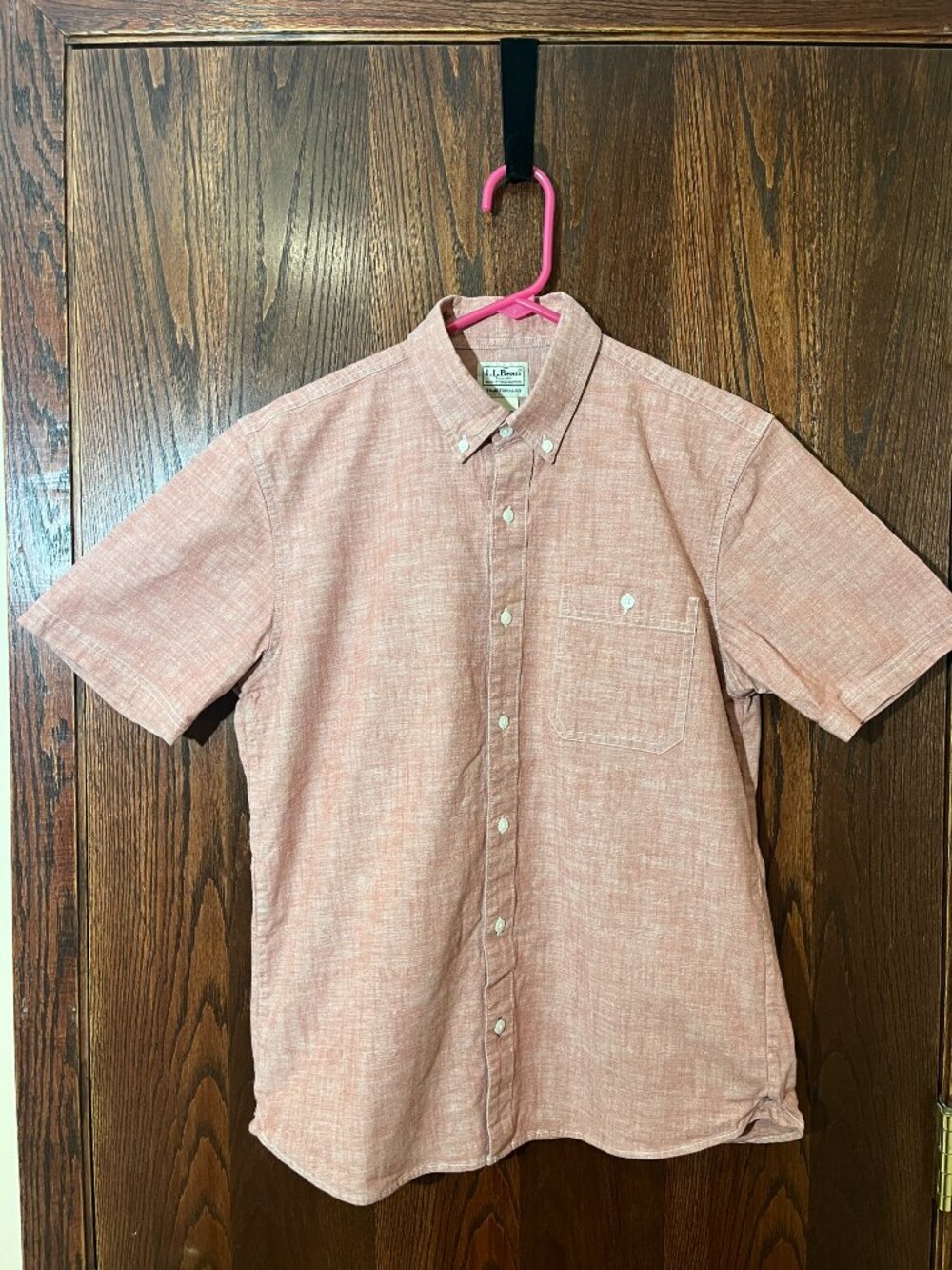 L.L. Bean Men's Comfort Stretch Chambray Shirt, Short-Sleeve, size S-reg, red